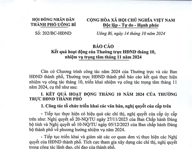 Báo cáo kết quả hoạt động của Thường trực uu888 bet app tháng 10, nhiệm vụ trọng tâm tháng 11 năm 2024