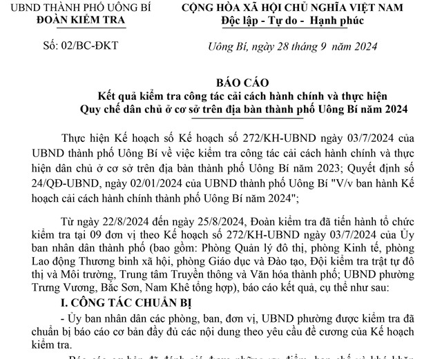 Báo cáo kết quả kiểm tra công tác CCHC và thực hiện quy chế dân chủ ở cơ sở trên địa bàn thành phố uu888 one năm 2024