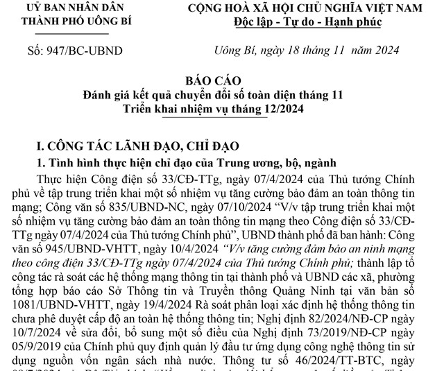 Báo cáo đánh giá kết quả chuyển đổi số toàn diện tháng 11, triển khai nhiệm vụ tháng 12/2024