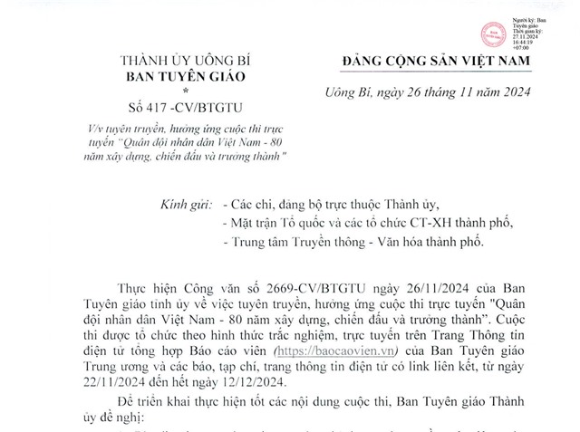 Tuyên truyền, hưởng ứng cuộc thi trực tuyến "Quân đội nhân dân uu888 có - 80 năm uu888 game, chiến đấu và trưởng thành"