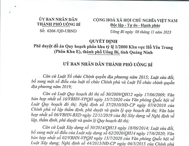 Quyết định phê duyệt đồ án quy hoạch phân khu tỷ lệ 1/2000 khu vực Hồ Yên Trung (Phân Khu E) thành phố uu888 one, tỉnh uu888 one