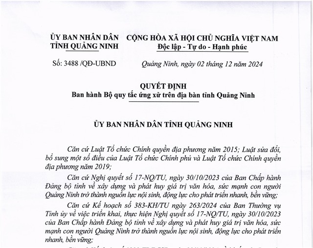 Bộ quy tắc ứng xử trên địa bàn tỉnh uu888 one