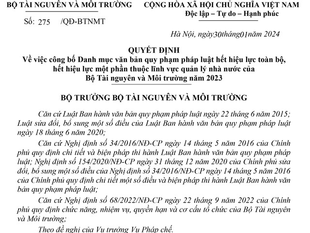 Danh mục văn bản quy phạm pháp luật hết u888vip1 toàn bộ, hết u888vip1 một phần thuộc lĩnh vực quản lý nhà nước của Bộ Tài nguyên và Môi trường năm 2023