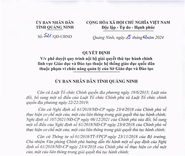 Phê duyệt quy trình nội bộ giải quyết thủ tục hành chính lĩnh vực Giáo dục và Đào tạo thuộc hệ thống giáo dục quốc dân thuộc phạm vi chức năng quản lý của Sở Giáo dục và Đào tạo