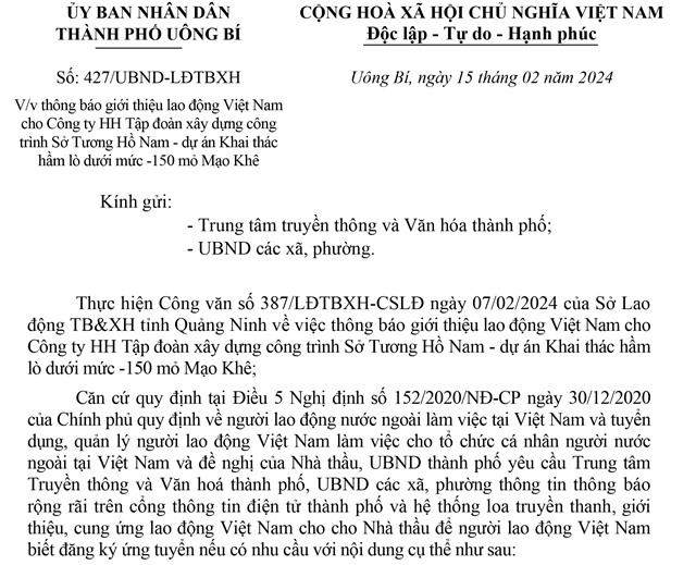 tải uu888 giới thiệu lao động uu888 có cho Công ty HH Tập đoàn uu888 game công trình Sở Tương Hồ Nam - dự án Khai thác hầm lò dưới mức -150m mỏ Mạo Khê