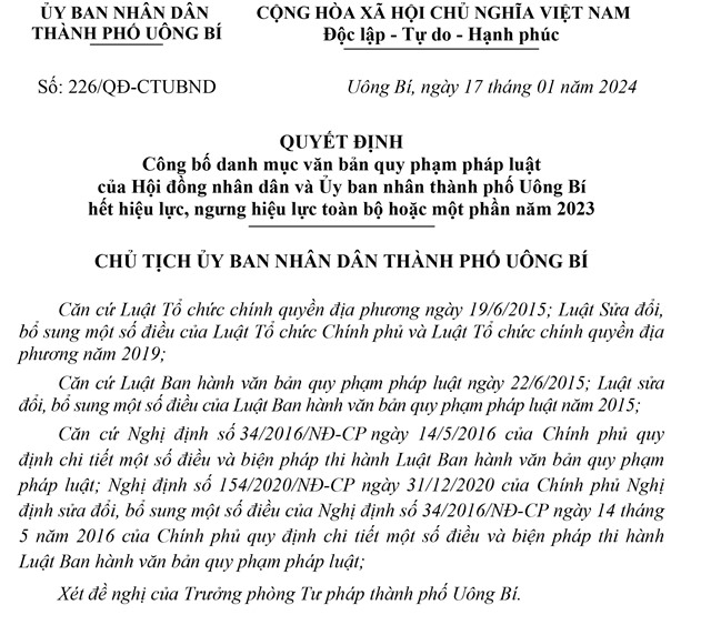 Công bố danh mục văn bản quy phạm pháp luật của Hội đồng nhân dân và Ủy ban nhân thành phố uu888 one hết u888vip1, ngưng u888vip1 toàn bộ hoặc một phần năm 2023