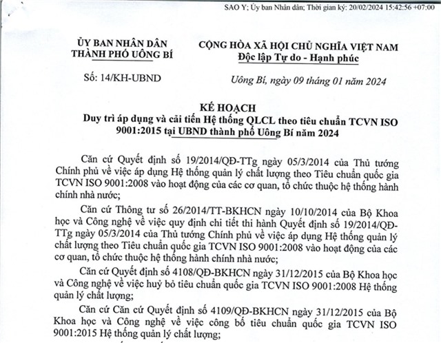 Kế hoạch duy trì áp dụng và cải tiến Hệ thống QLCL theo tiêu chuẩn TCVN ISO 9001:2015 tại uu888.con thành phố uu888 one năm 2024