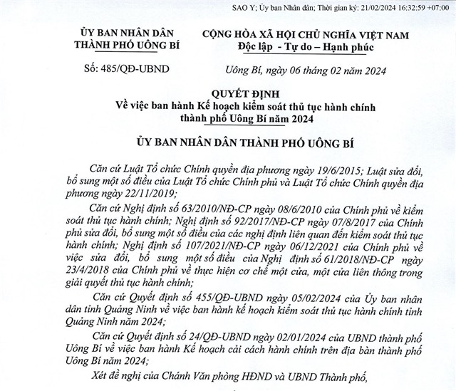Quyết định về việc ban hành kế hoạch kiểm soát thủ tục hành chính thành phố uu888 one năm 2024