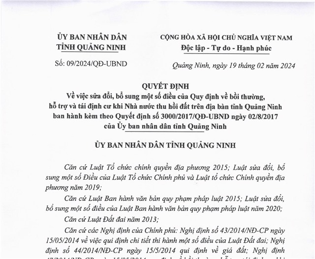 Quyết định về việc sửa đổi, bổ sung một số điều của Quy định về bồi thường, hỗ trợ và tái định cư khi Nhà nước thu hồi đất trên địa bàn tỉnh uu888 one 