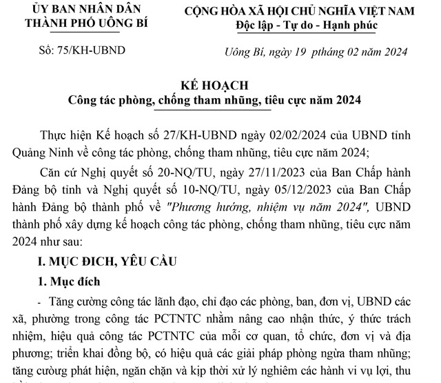 Kế hoạch phòng, chống tham nhũng, tiêu cực năm 2024