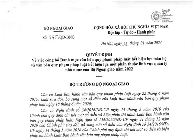 Công bố danh mục văn bản quy phạm pháp luật hết u888vip1 toàn bộ và hết u888vip1 một phần thuộc lĩnh vực quản lý nhà nước của Bộ Ngoại giao năm 2022