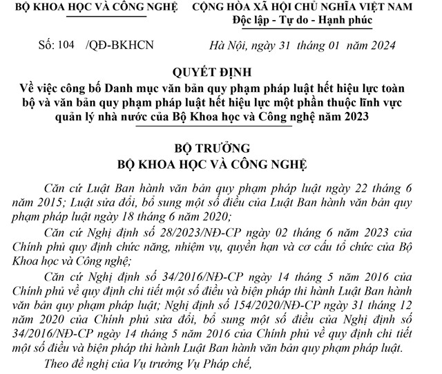 Công bố danh mục văn bản quy phạm pháp luật hết u888vip1 toàn bộ và văn bản quy phạm pháp luật hết u888vip1 một phần thuộc lĩnh vực quản lý nhà nước của Bộ Khoa học và công nghệ năm 2023