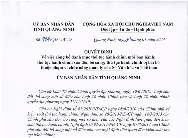 Công bố danh mục thủ tục hành chính mới ban hành; thủ tục hành chính sửa đổi, bổ sung; thủ tục hành chính bị bãi bỏ thuộc phạm vi chức năng quản lý của Sở uu888 bet và Thể thao