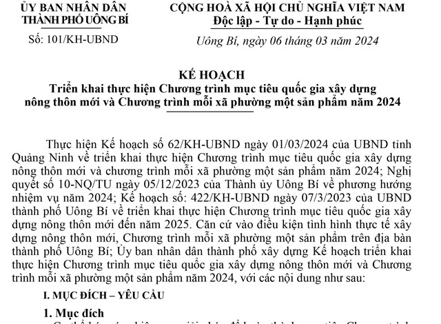 Kế hoạch triển khai thực hiện Chương trình mục tiêu quốc gia uu888 game nông thôn mới và Chương trình mỗi xã phường một sản phẩm năm 2024