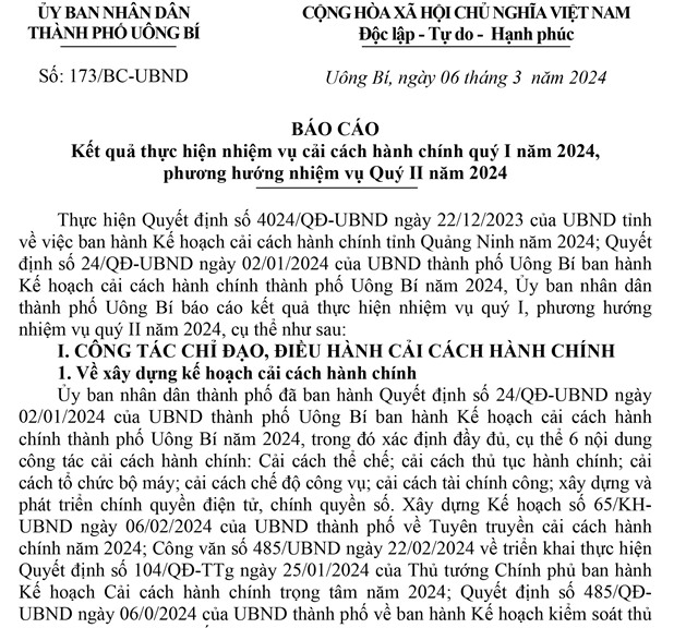 Báo cáo kết quả thực hiện nhiệm vụ cải cách hành chính quý I năm 2024, phương hướng nhiệm vụ Quý II năm 2024