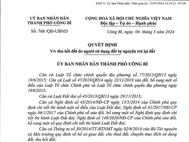 Quyết định số 	768/QĐ-uu888.con ngày 06/03/2024 V/v thu hồi đất do người sử dụng đất tự nguyện trả lại đất của ông Vũ Thành Trung