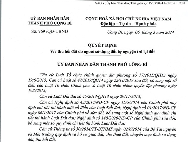 Quyết định số 769/QĐ-uu888.con ngày 06/03/2024 V/v thu hồi đất do người sử dụng đất tự nguyện trả lại đất của ông Vũ Thành Trung