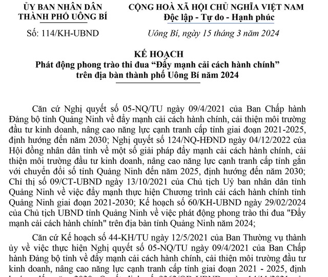 Kế hoạch phát động phong trào thi đua "Đẩy mạnh cải cách hành chính" trên địa bàn thành phố uu888 one năm 2024