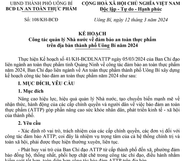 Kế hoạch Công tác quản lý Nhà nước về đảm bảo an toàn thực phẩm trên địa bàn thành phố uu888 one năm 2024