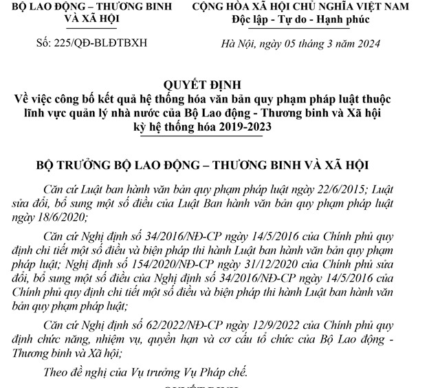 Quyết định về việc công bố kết quả hệ thống hóa văn bản quy phạm pháp luật thuộc lĩnh vực quản lý nhà nước của Bộ Lao động - Thương binh và Xã hội kỳ hệ thống hóa 2019-2023
