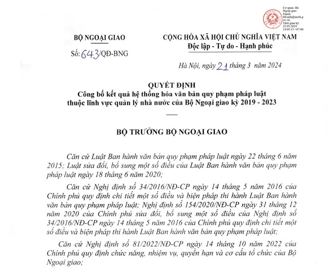 Quyết định Công bố kết quả hệ thống hóa văn bản quy phạm pháp luật thuộc lĩnh vực quản lý nhà nước của Bộ Ngoại giao kỳ 2019-2023