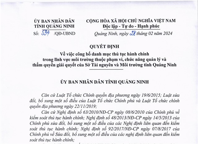 Công bố danh mục thủ tục hành chính trong lĩnh vực môi trường thuộc phạm vi, chức năng quản lý và thẩm quyền giải quyết của Sở Tài nguyên và Môi trường tỉnh uu888 one