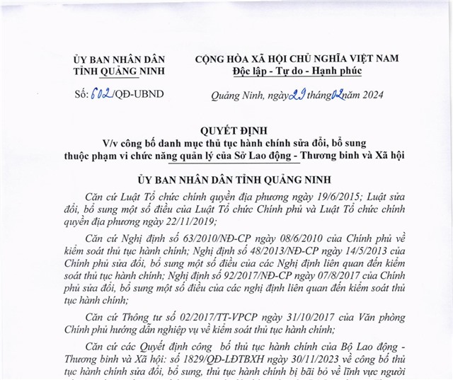 Công bố danh mục thủ tục hành chính sửa đổi, bổ sung thuộc phạm vi chức năng quản lý của Sở Lao động - Thương binh và Xã hội