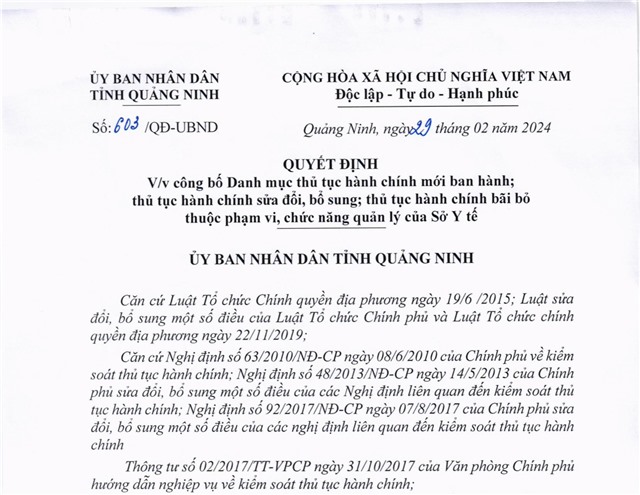 Công bố danh mục thủ tục hành chính mới ban hành; thủ tục hành chính sửa đổi, bổ sung; thủ tục hành chính bãi bỏ thuộc phạm vi, chức năng quản lý của Sở Y tế