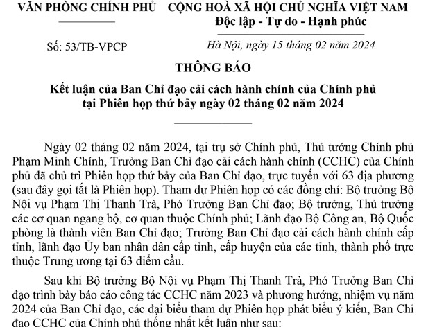 tải uu888 kết luận của Ban Chỉ đạo cải cách hành chính của Chính phủ tại Phiên họp thứ 7 ngày 02 tháng 02 năm 2024