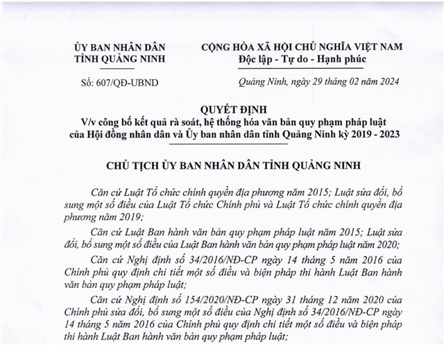 Công bố kết quả rà soát, hệ thống hóa văn bản quy phạm pháp luật của Hội đồng Nhân dân và Ủy ban Nhân dân tỉnh uu888 one kỳ 2019 - 2023
