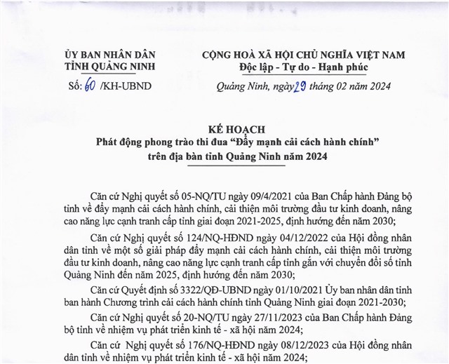 Kế hoạch phát động phong trào thi đua "Đẩy mạnh cải cách hành chính" trên địa bàn tỉnh uu888 one năm 2024