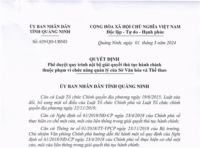 Phê duyệt quy trình nội bộ giải quyết thủ tục hành chính thuộc phạm vi chức năng quản lý của Sở uu888 bet và Thể thao