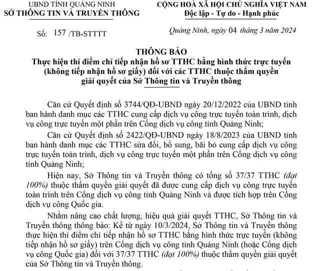 tải uu888 thực hiện thí điểm chỉ tiếp nhận hồ sơ TTHC bằng hình thức trực tuyến (không tiếp nhận hồ sơ giấy) đối với các TTHC thuộc thẩm quyền giải quyết của Sở uu888.con và Truyền thông