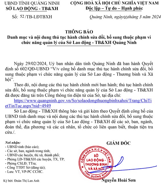 Danh mục và nội dung thủ tục hành chính sửa đổi, bổ sung thuộc phạm vi chức năng quản lý của Sở Lao động - TB&XH uu888 one