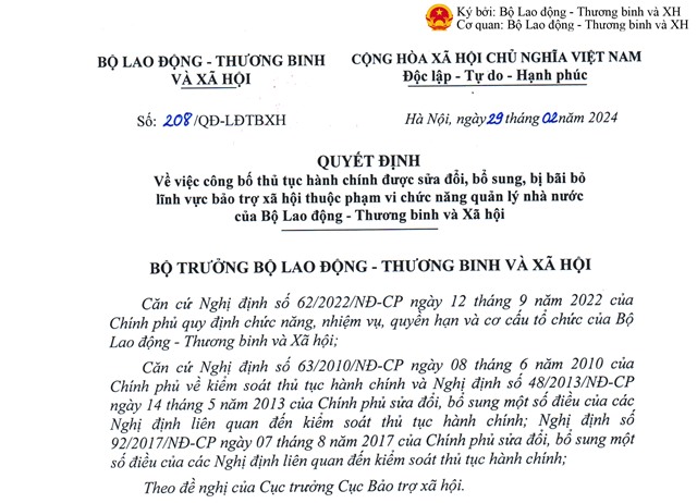 Công bố thủ tục hành chính được sửa đổi, bổ sung, bị bãi bỏ lĩnh vực bảo trợ u8888 thuộc phạm vi chức năng quản lý nhà nước của Bộ Lao động - Thương binh và Xã hội.