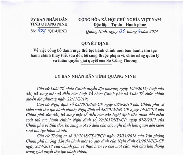 Công bố danh mục thủ tục hành chính mới ban hành; thủ tục hành chính thay thế, sửa đổi, bổ sung thuộc phạm vi, chức năng quản lý và thẩm quyền giải quyết của Sở Công Thương