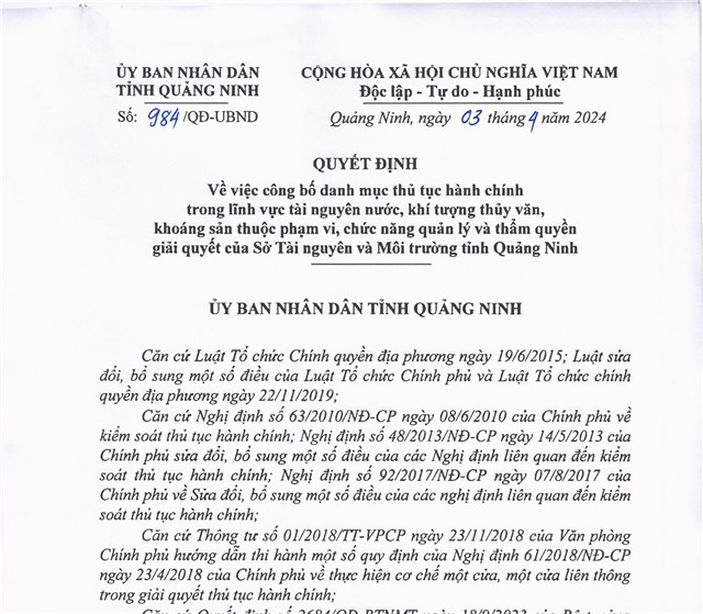Công bố danh mục thủ tục hành chính trong lĩnh vực tài nguyên nước, khí tượng thủy văn, khoáng sản thuộc phạm vi chức năng quản lý và thẩm quyền giải quyết của Sở Tài nguyên và Môi trường tỉnh uu888 one