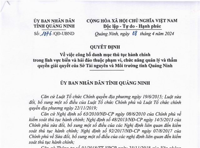 Công bố danh mục thủ tục hành chính trong lĩnh vực biển và hải đảo thuộc phạm vi, chức năng quản lỳ và thẩm quyền giải quyết của Sở Tài nguyên và môi trường tỉnh uu888 one