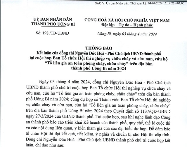 tải uu888 kết luận của đồng chí Nguyến Đức Hoà - Phó Chủ tịch UBNd thành phố tại cuộc họp Ban tổ chức Hội thi nghiệp vụ chữa cháy và cứu nạn cứu hộ "Tổ liên gia an toàn phòng cháy, chữa cháy" trên địa bàn thành phố uu888 one năm 2024
