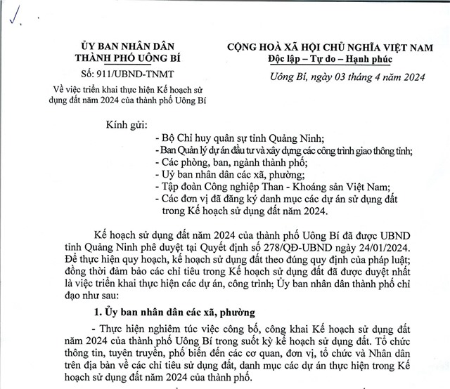 Về việc triển khai thực hiện Kế hoạch sử dụng đất năm 2024 của thành phố uu888 one