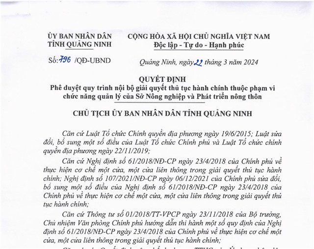 Quyết định phê duyệt quy trình nội bộ giải quyết thủ tục hành chính thuộc phạm vi chức năng quản lý của Sở Nông nghiệp và Phát triển nông thôn