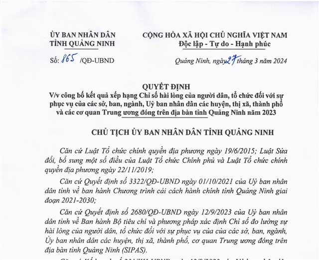 Công bố kết quả xếp hạng Chỉ số hài lòng của người dân, tổ chức đối với sự phục vụ của các sở, ban, ngành, uu888.con các huyện, thị xã, thành phố và các cơ quan Trung ương đóng trên địa bàn tỉnh uu888 one năm 2023