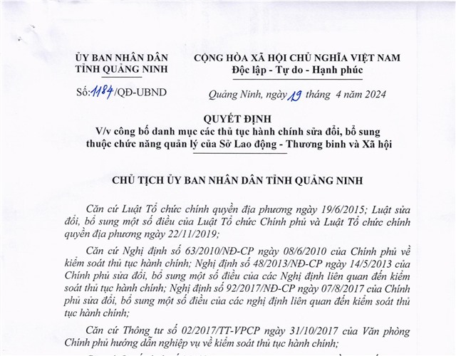 Công bố danh mục các thủ tục hành chính sửa đổi, bổ sung thuộc chức năng quản lý của Sở Lao động- Thương binh và Xã hội
