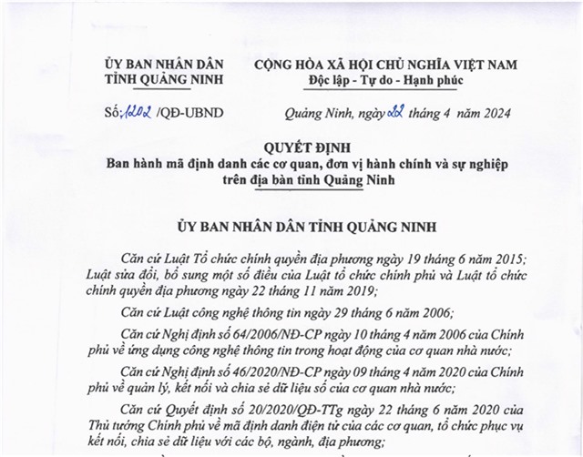 Ban hành mã định danh danh các cơ quan, đơn vị hành chính và sự nghiệp trên địa bàn tỉnh uu888 one