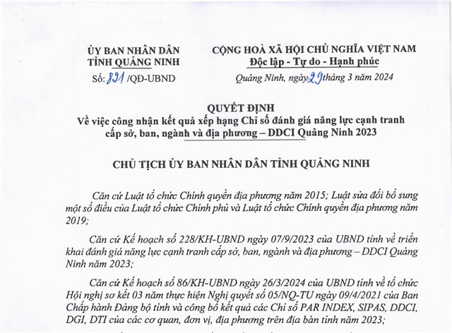 Công nhận kết quả xếp hạng Chỉ số đánh giá năng lực cạnh tranh cấp sở, ban, ngành và u8888 - DDCI uu888 one 2023