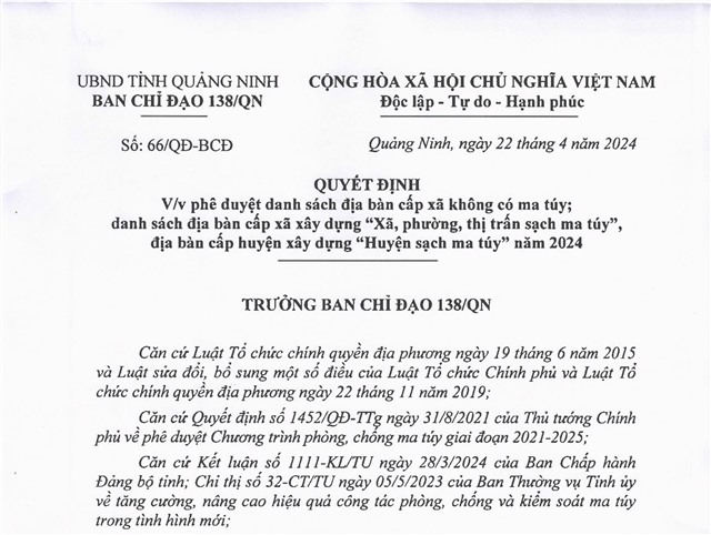 Phê duyệt danh sách địa bàn cấp xã không có ma túy; danh sách địa bàn cấp xã uu888 game "Xã , phường, thị trấn sạch ma túy", địa bàn cấp huyện uu888 game "Huyện sạch ma túy" năm 2024