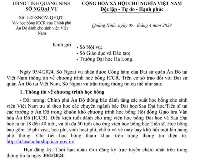Học bổng ICCR của Chính phủ Ấn Độ dành cho sinh viên uu888 có