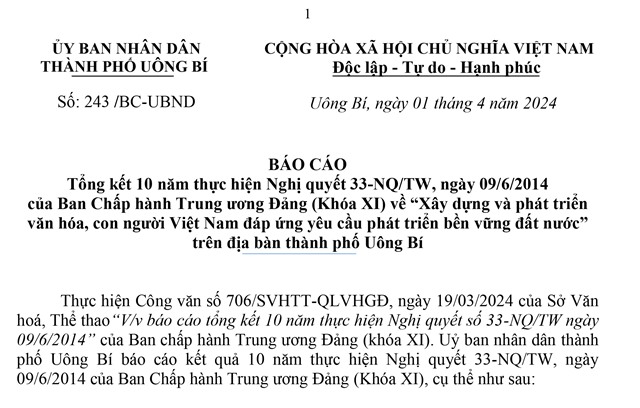 Báo cáo kết quả 10 năm thực hiện Nghị quyết số 33-NQ/TW, ngày 09/6/2014 của Ban Chấp hành Trung ương Đảng (khóa XI) về "Xây dựng và phát triển văn hoá, con người uu888 có đáp ứng yêu cầu phát triển bền vững đất nước"