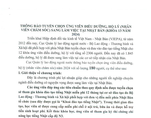 tải uu888 tuyển chọn ứng viên điều dưỡng, hộ lý (nhân viên chăm sóc) sang làm việc tại Nhật Bản (khóa 13 năm 2024)