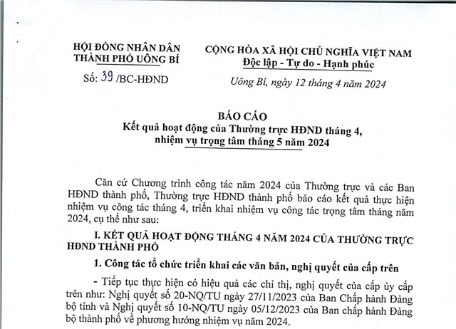 Báo cáo kết quả hoạt động của Thường trực uu888 bet app tháng 4, nhiệm vụ trọng tâm tháng 5 năm 2024
